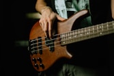 person holding brown and black electric guitar