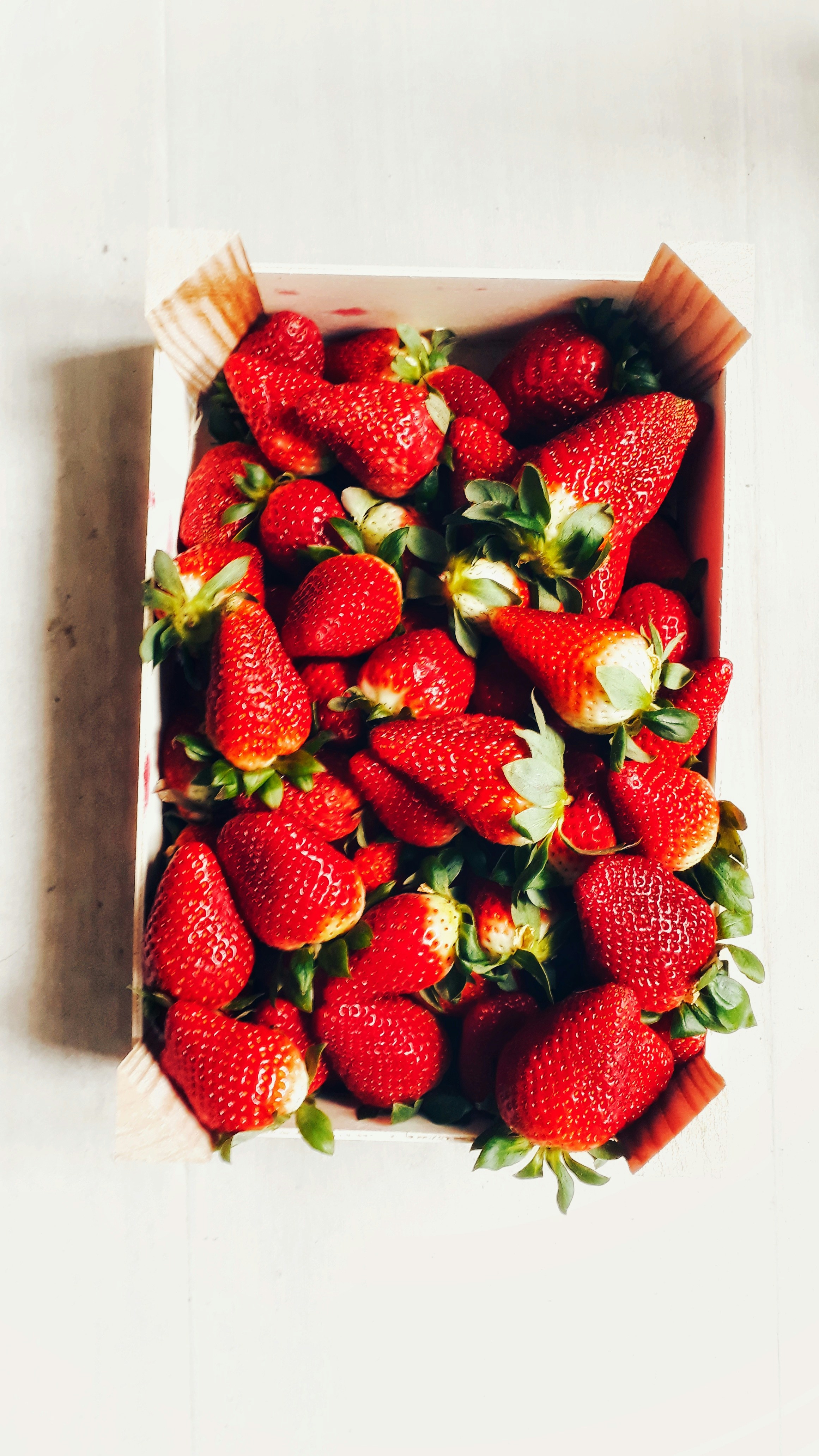 Fresh organic mixed berries in a wooden crate with green leaves in warm summer light