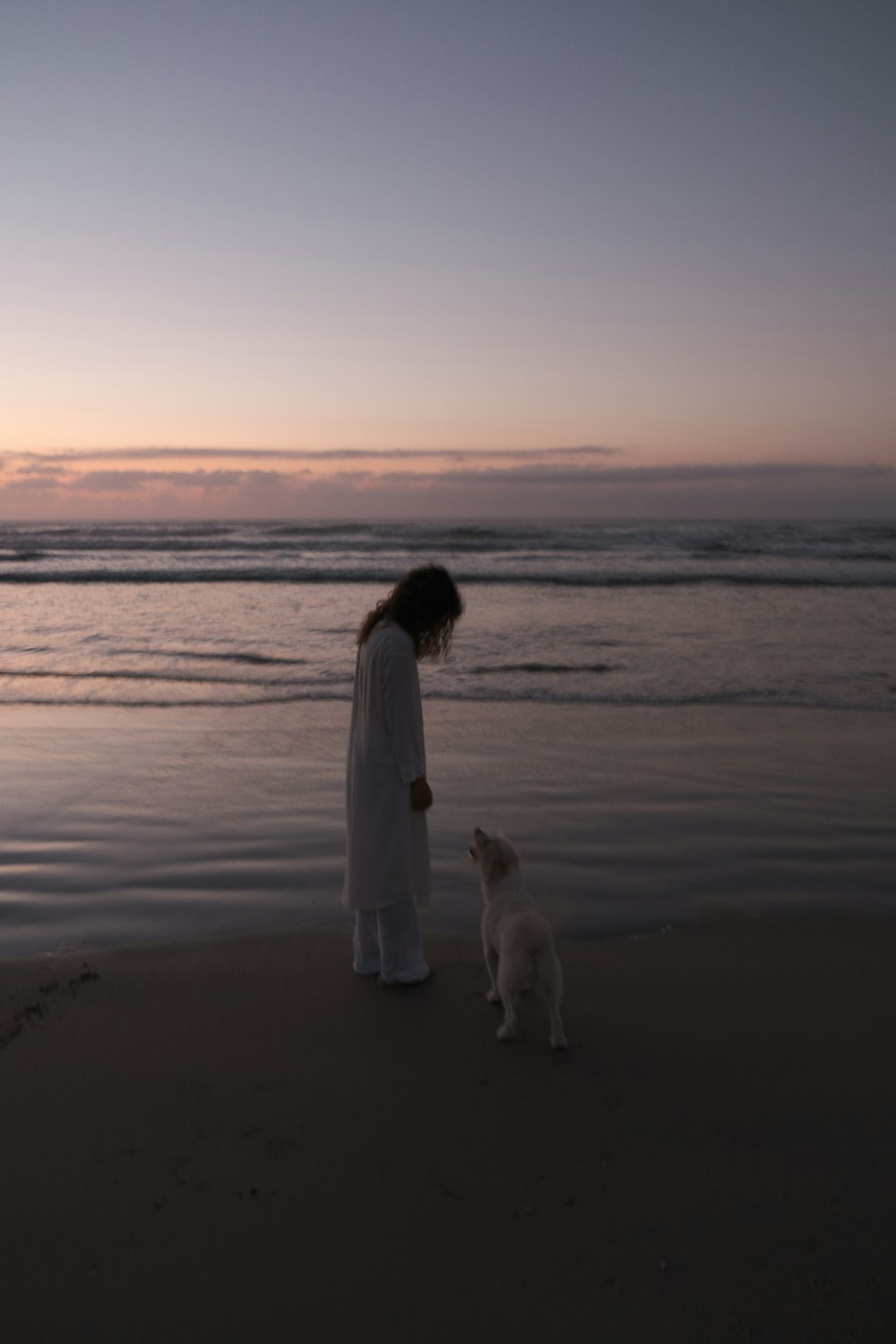 夕暮れ時の海岸に立つ白いドレスの女性