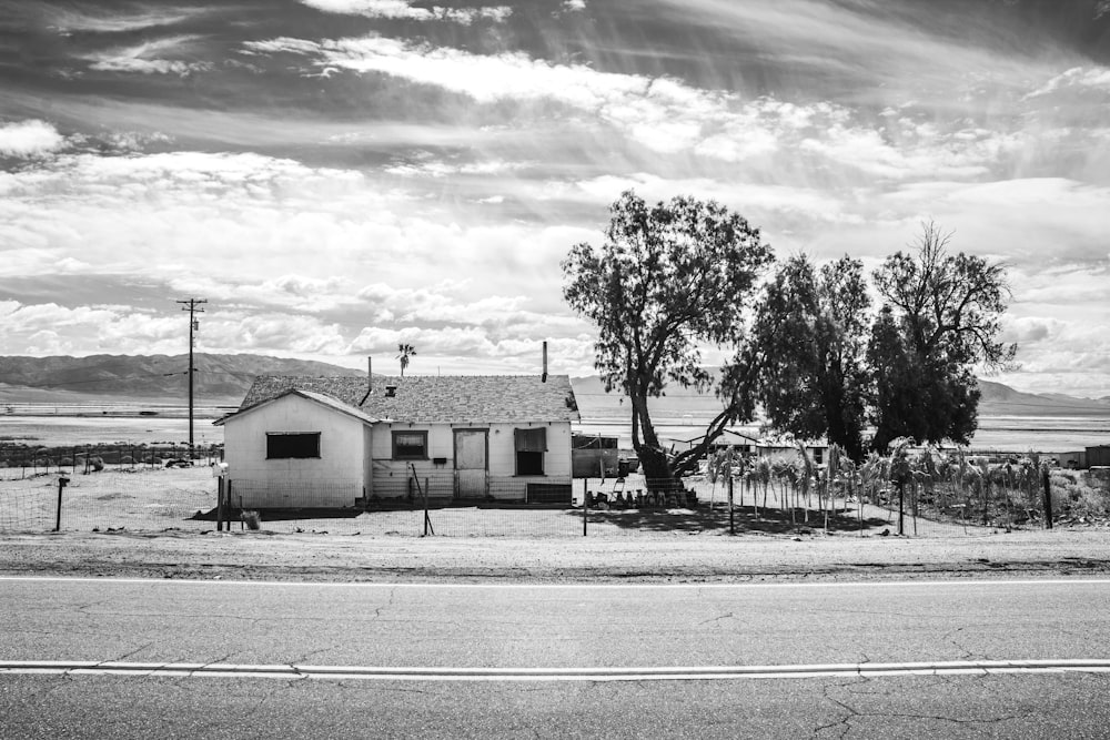 grayscale photo of houses near trees