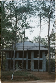 A partially constructed two-story house is situated amidst tall pine trees. The building features an unfinished concrete exterior and a roof with dark shingles. The surrounding area is covered with soil and scattered vegetation, creating a natural, woodland setting.