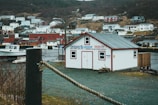 A small coastal town showcases a white building with red trim labeled 'Ocean Quest', situated near the water. Several houses populate the hillside in the background, displaying a mix of white and red exteriors. A lone boat is docked nearby, and the scene is enveloped in a muted, overcast ambiance.