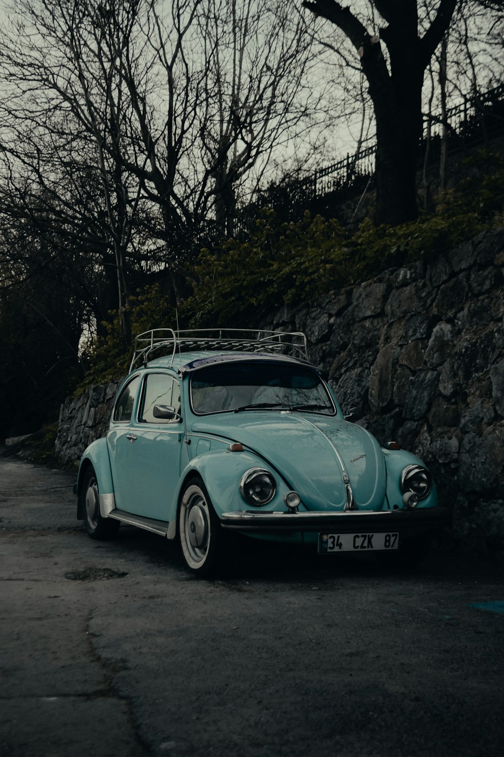 teal volkswagen beetle parked beside tree