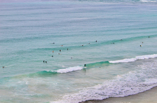 Surfers catching waves in the clear blue waters near Taghazout.