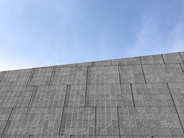 A concrete wall with a pattern of rectangular panels rises against a clear blue sky. The wall's surface has a textured appearance, providing a sense of depth and detail.
