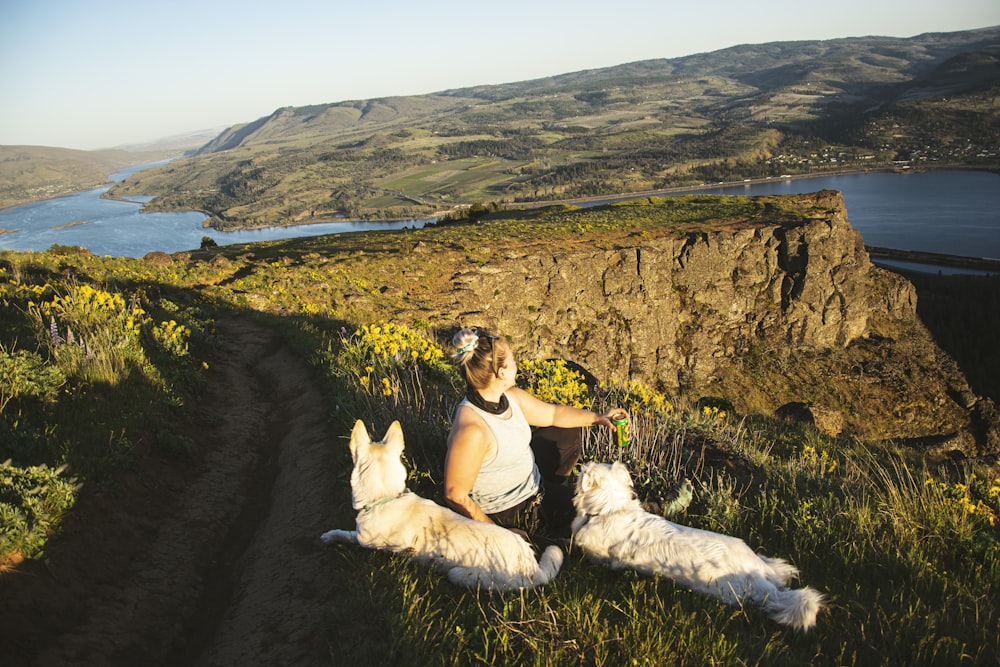 woman in white long sleeve shirt sitting on green grass field beside white short coated dog