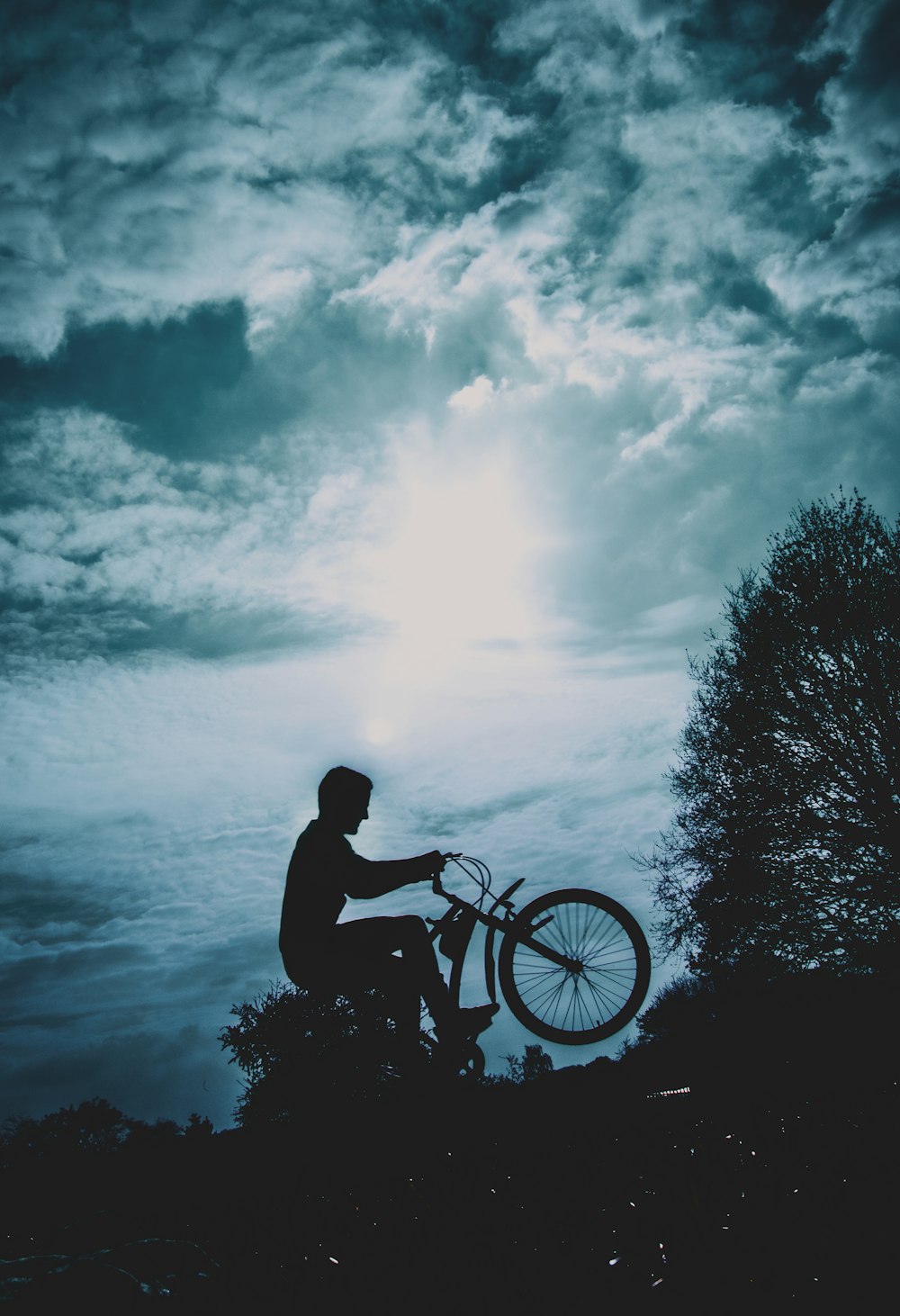 silhouette of man riding bicycle on seashore during daytime