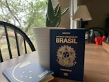 Two Brazilian passports are placed on a wooden table near a white potted plant, amidst a cozy indoor setting with a lamp and a view of greenery through the window.