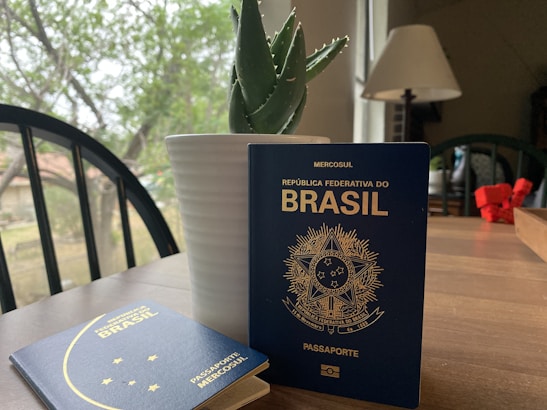 Two Brazilian passports are placed on a wooden table near a white potted plant, amidst a cozy indoor setting with a lamp and a view of greenery through the window.