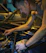 Close-up of a mechanic's hands carefully tuning a high-performance engine in a sleek garage setting.