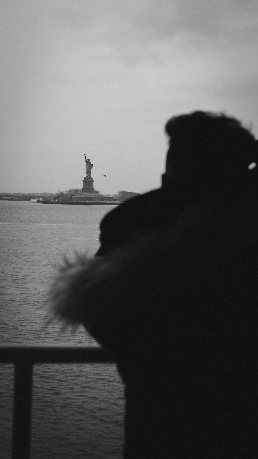 a person looking out at the statue of liberty