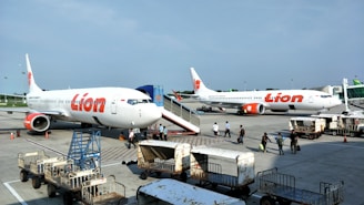 Two airplanes are parked on a tarmac at an airport, featuring the Lion Air branding. Several people are walking on the pavement, possibly boarding or disembarking the aircraft. Various airport equipment, including baggage carts and boarding stairs, are positioned nearby. The sky is clear, and the setting appears calm and orderly.