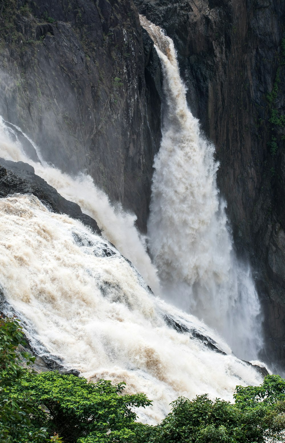 waterfalls in the middle of green grass field