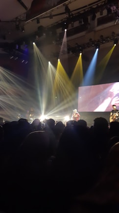 A live concert scene with a crowd watching a band perform on stage. Bright stage lights in various colors illuminate the performers, and a large screen in the background adds visual effects. The atmosphere is lively and energetic.