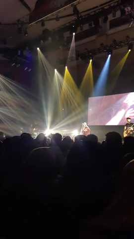 Artists performing live with colorful stage lights and energetic crowd.