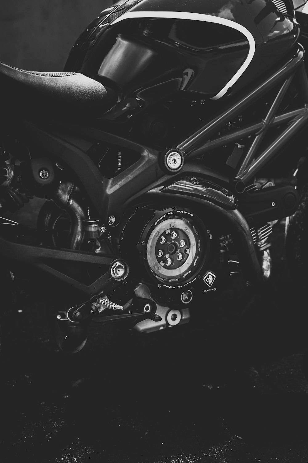 grayscale photo of motorcycle engine