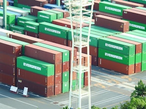 Surveyor inspecting cargo containers at a busy port under green and white company banners.