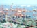 A busy shipping port with containers being loaded onto trucks and trains.