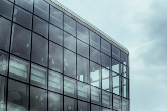 A modern glass building with reflective windows captures the cloudy sky. The structure features a grid of windows with visible internal ceiling details and light fixtures. The architecture emphasizes sleek lines and transparency.