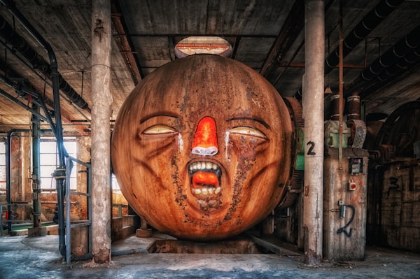 a giant sphere painted to look like a grotesque head, in an industrial-looking gallery space