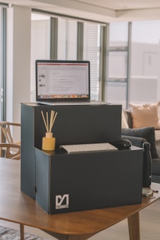 A home office setup is displayed on a wooden table. A laptop sits atop a DIY cardboard stand labeled 'Deskmate.' Below the laptop, a keyboard and mouse are arranged neatly on the stand. Beside them, a small diffuser with reed sticks adds an element of decor. A water bottle is positioned nearby. This setup is placed in a room with large windows, allowing natural light to flood the space, highlighting a comfortable seating area in the background.