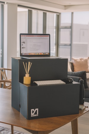 A home office setup is displayed on a wooden table. A laptop sits atop a DIY cardboard stand labeled 'Deskmate.' Below the laptop, a keyboard and mouse are arranged neatly on the stand. Beside them, a small diffuser with reed sticks adds an element of decor. A water bottle is positioned nearby. This setup is placed in a room with large windows, allowing natural light to flood the space, highlighting a comfortable seating area in the background.