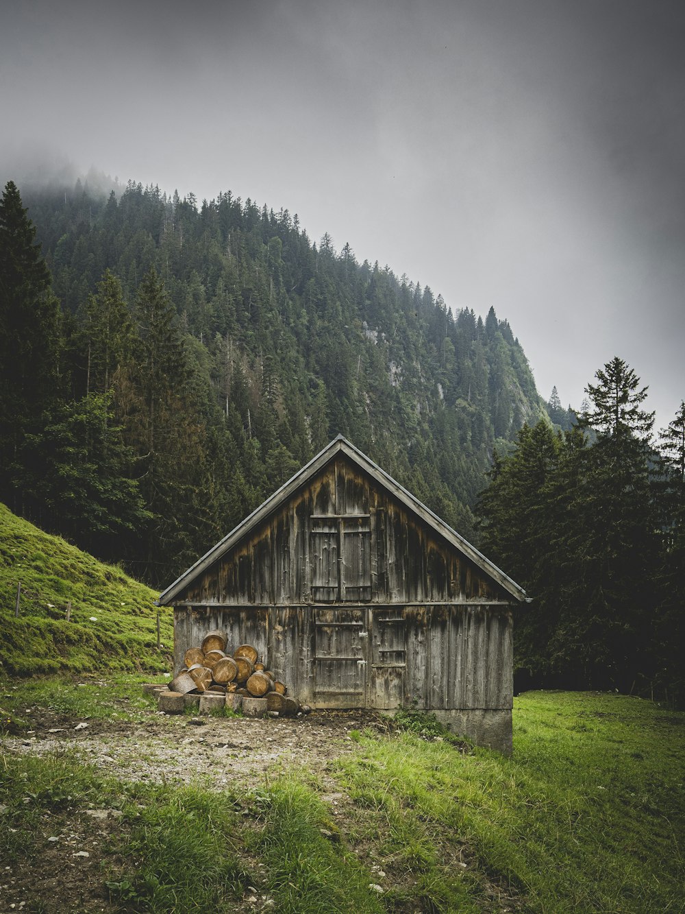 brown wooden house on green grass field near green trees under white sky during daytime