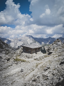 A rugged cabin nestled in dense forest under a clear blue sky, symbolizing offgrid living.