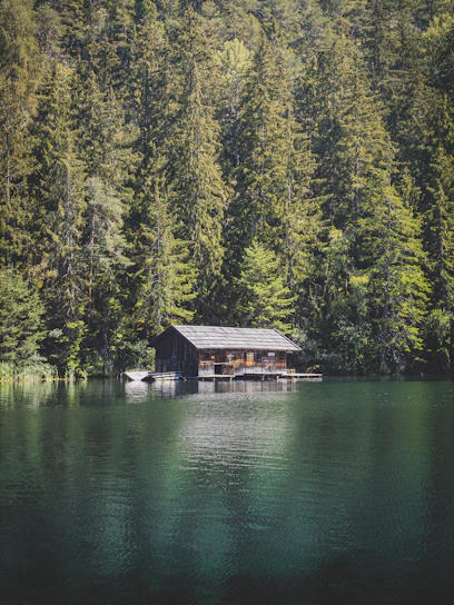 A peaceful lakeside cabin surrounded by lush green forests under a bright summer sky.