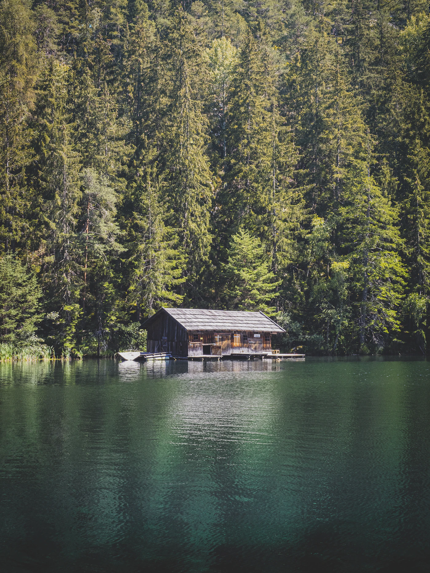 Cabin on a lake surrounded by evergreens