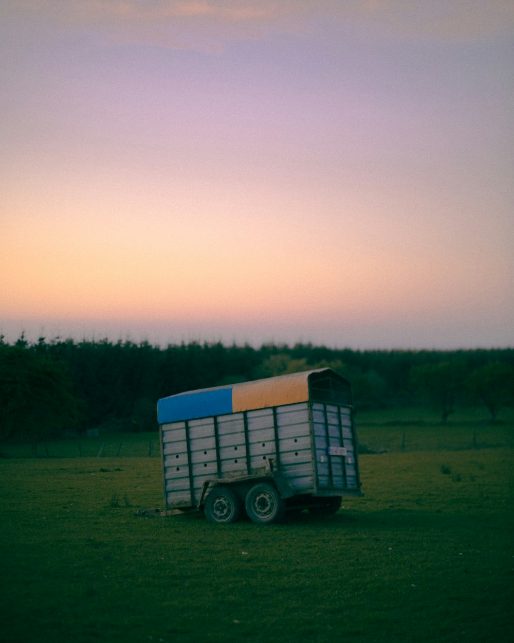 Camion blu e bianco sul campo di erba verde durante il giorno