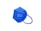 A blue protective face mask with a white print displaying certification details, including CE marking and standards compliance. The mask features ear loops and a structured design.