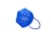 A blue protective face mask with a white print displaying certification details, including CE marking and standards compliance. The mask features ear loops and a structured design.