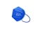 A blue protective face mask with a white print displaying certification details, including CE marking and standards compliance. The mask features ear loops and a structured design.