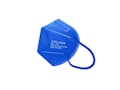 A blue protective face mask with a white print displaying certification details, including CE marking and standards compliance. The mask features ear loops and a structured design.