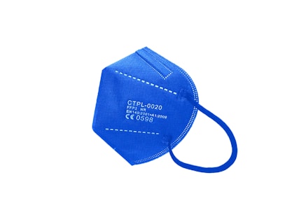 A blue protective face mask with a white print displaying certification details, including CE marking and standards compliance. The mask features ear loops and a structured design.