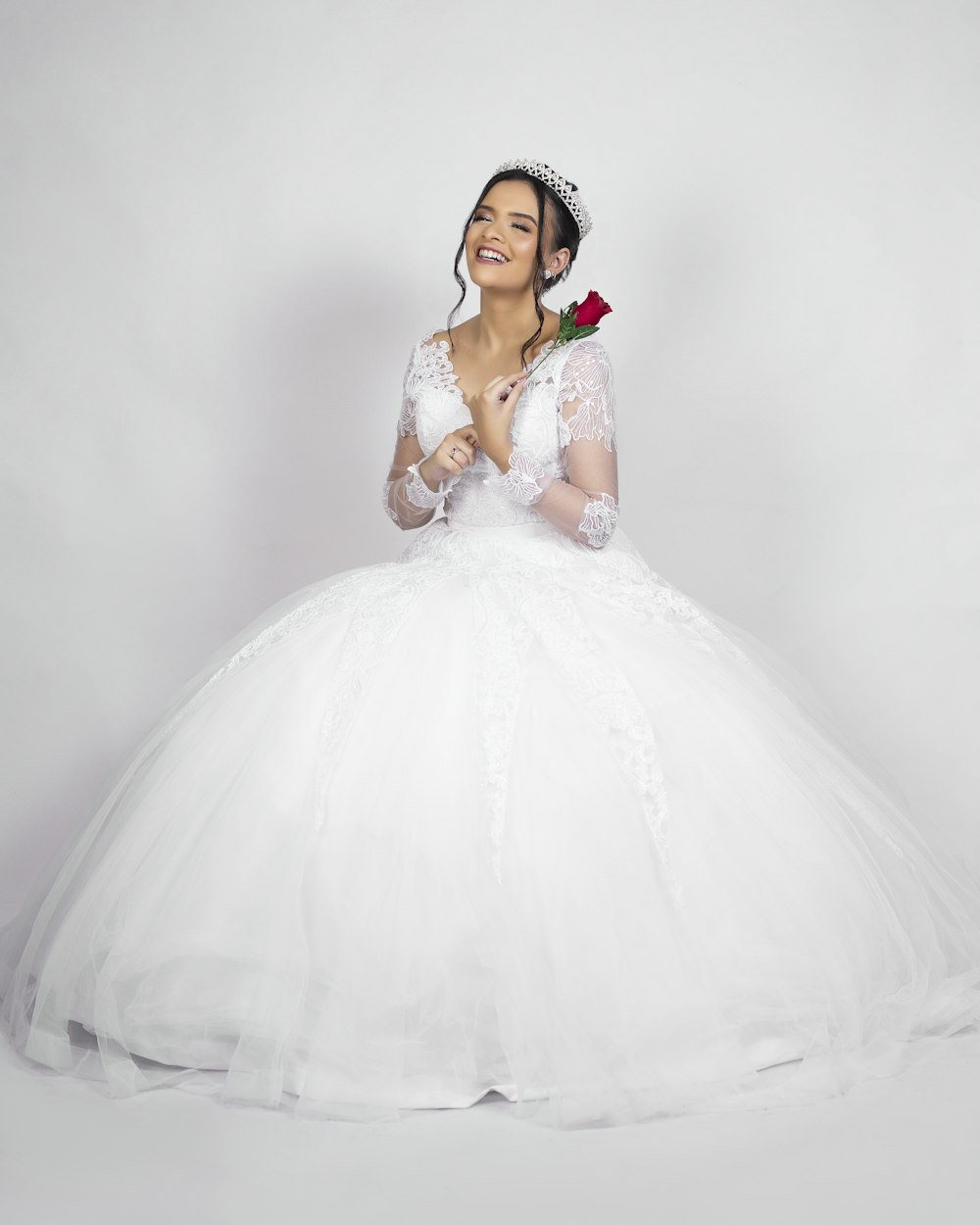 woman in white dress with red lipstick