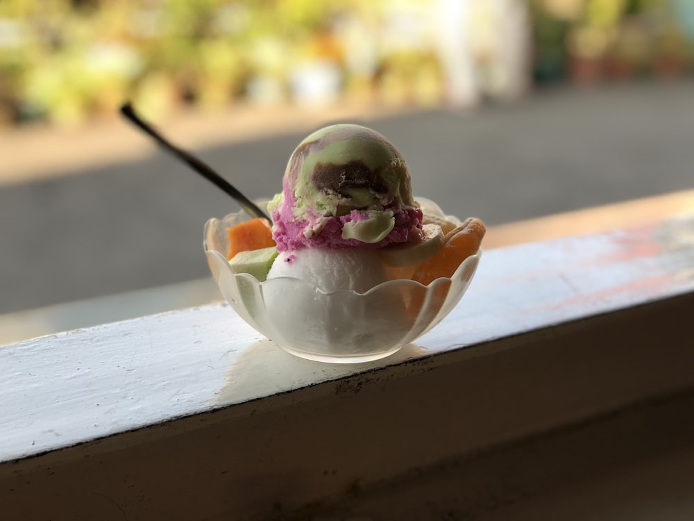 ice cream in clear glass bowl