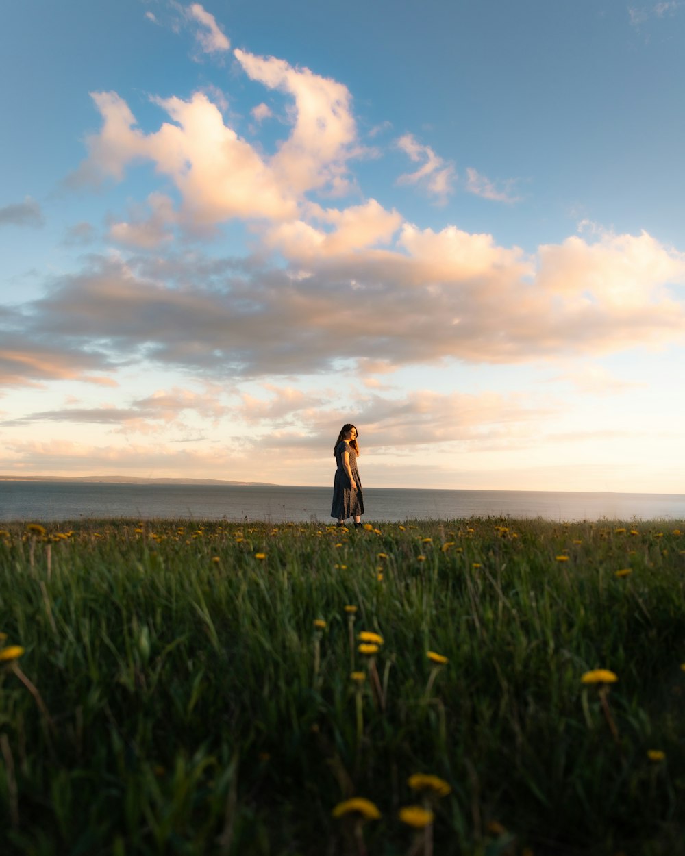 woman in black dress standing on green grass field under blue and white cloudy sky during