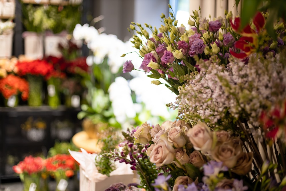 white and purple flower bouquet