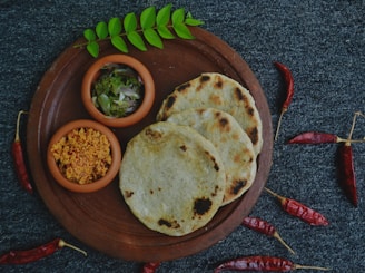 brown round plate with food