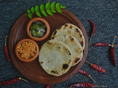 brown round plate with food