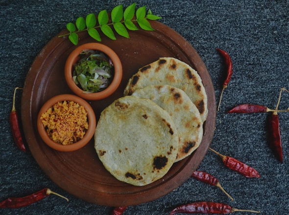 brown round plate with food