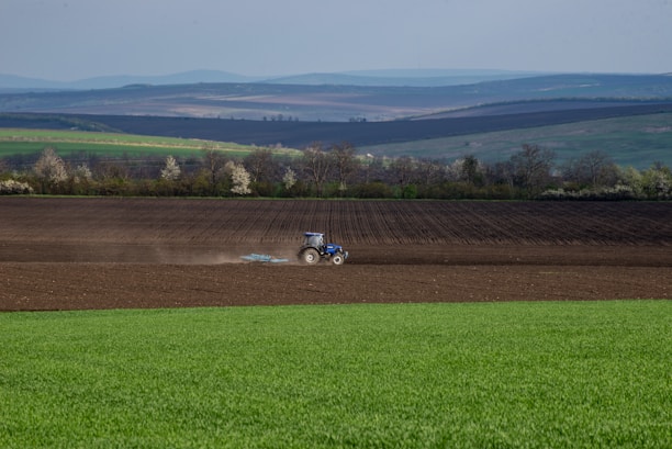 John Deere tractor working the fertile fields of southern Chile at sunrise.