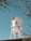 A white water tower with the text 'Burns & Wilcox' is prominently displayed against a clear blue sky. The tower is surrounded by tree branches with budding leaves, and an American flag is mounted on the tower.