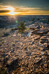 Rocky landscape surrounding Las Rocas residential area at sunset.