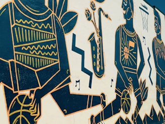 A stylized mural features abstract figures holding basketballs, with geometric patterns on their clothing. A saxophone with flowers emerges in the background, accompanied by music notes and zigzag lines. A basketball hoop appears in the upper right.