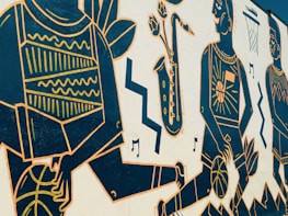 A stylized mural features abstract figures holding basketballs, with geometric patterns on their clothing. A saxophone with flowers emerges in the background, accompanied by music notes and zigzag lines. A basketball hoop appears in the upper right.