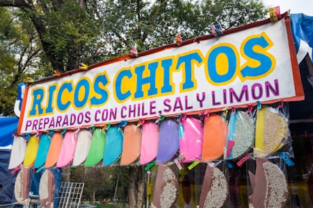 A colorful street vendor sign displaying a variety of candy or snack items, each wrapped in clear packaging and clipped to a string. The sign above reads 'Ricos Chitos, Preparados con Chile, Sal y Limon' in bold letters. The background features green trees, suggesting an outdoor setting.
