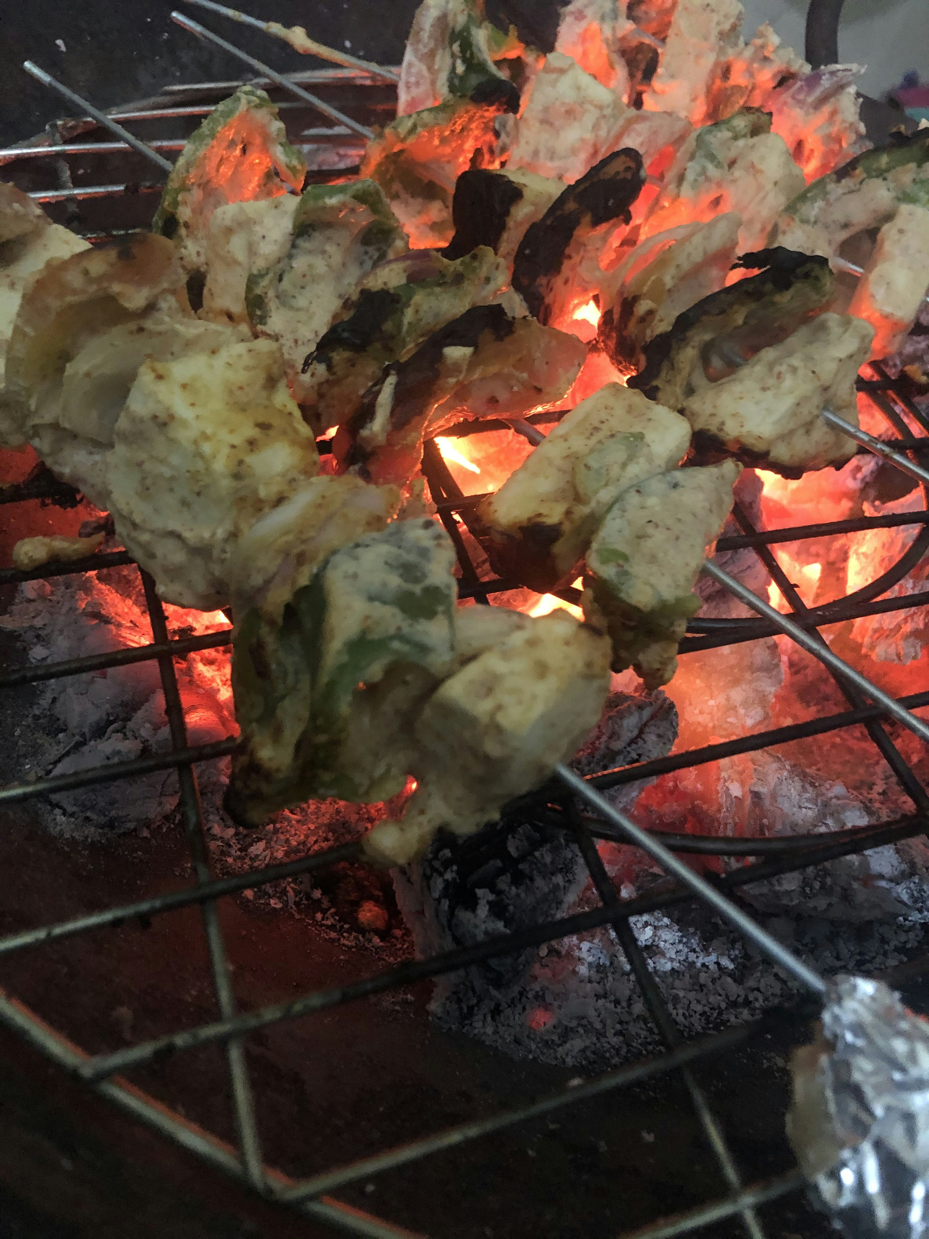 Paneer tikka skewers with charred edges glowing embers below, deep shadow dramatic background
